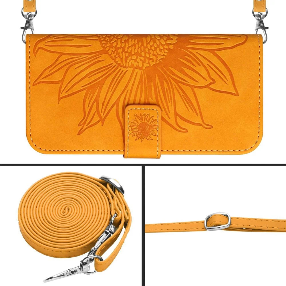 For iPhone 11 6.1 inch HT04 PU Leather Imprinted Sunflower Drop-proof Phone Case Skin-touch Wallet Stand Protector with Shoulder Strap - Yellow - 4