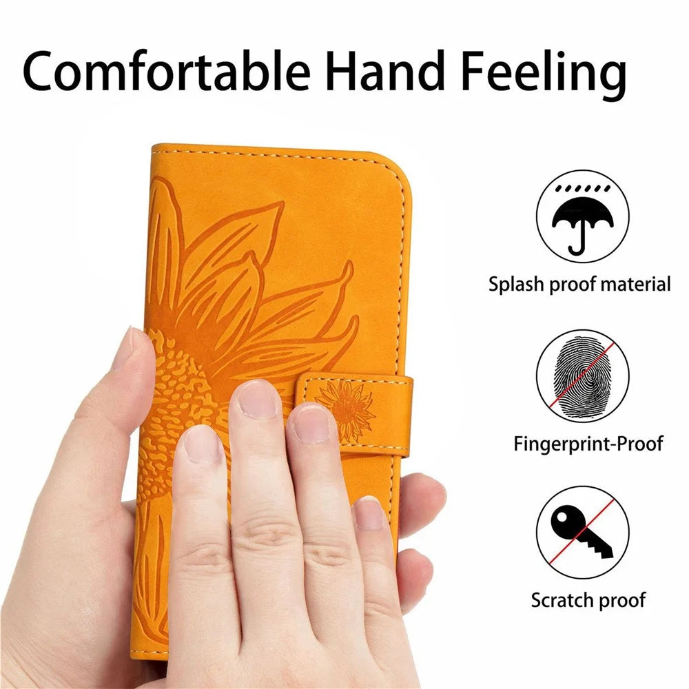 For iPhone 11 6.1 inch HT04 PU Leather Imprinted Sunflower Drop-proof Phone Case Skin-touch Wallet Stand Protector with Shoulder Strap - Yellow - 6