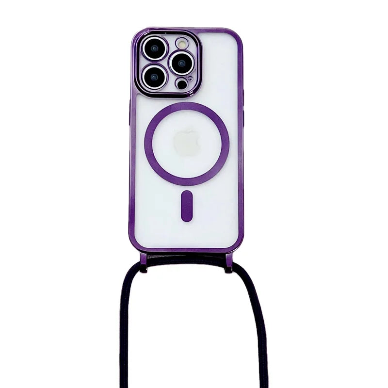 For iPhone 16 Pro Case Compatible with MagSafe Electroplating Edge TPU Phone Cover with Shoulder Strap - Purple - 1