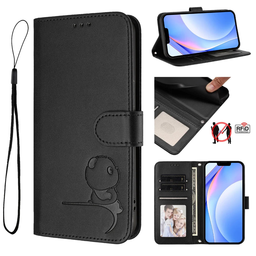 For iPhone 17e / 16e Case Panda Imprint RFID Blocking Wallet Leather Phone Cover with Wrist Strap - Black - 2
