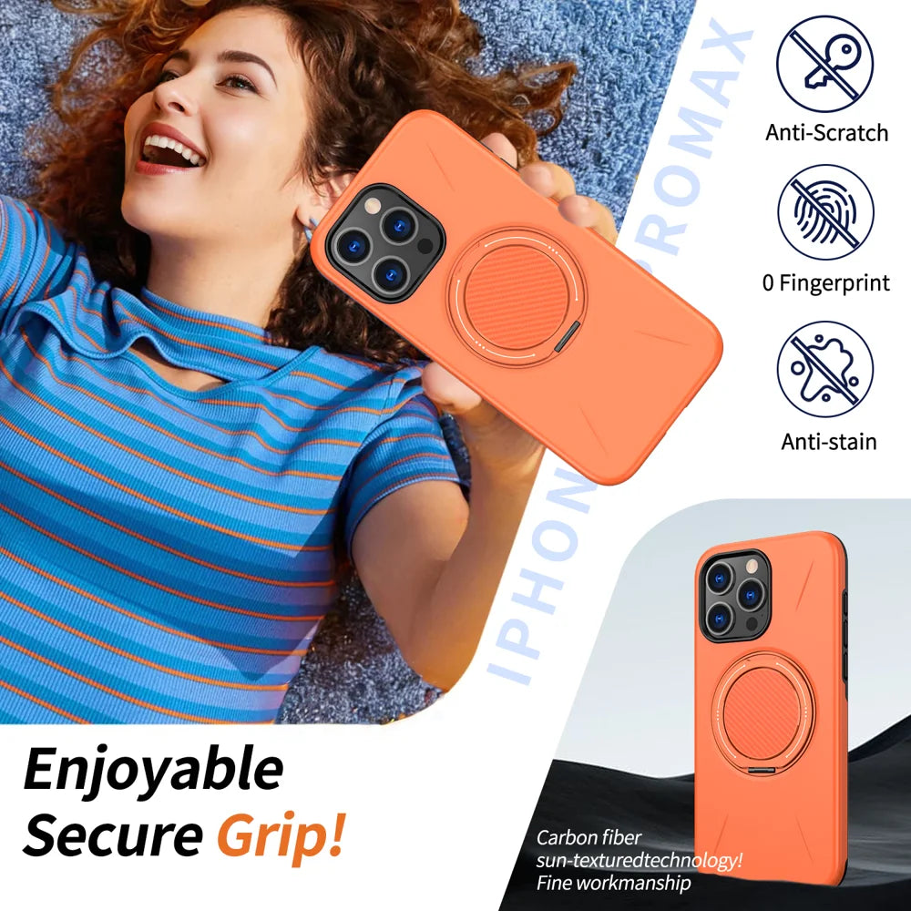 For iPhone 15 Pro Max Magnetic Case Rotating Kickstand TPU + PC Phone Cover - Orange - 3