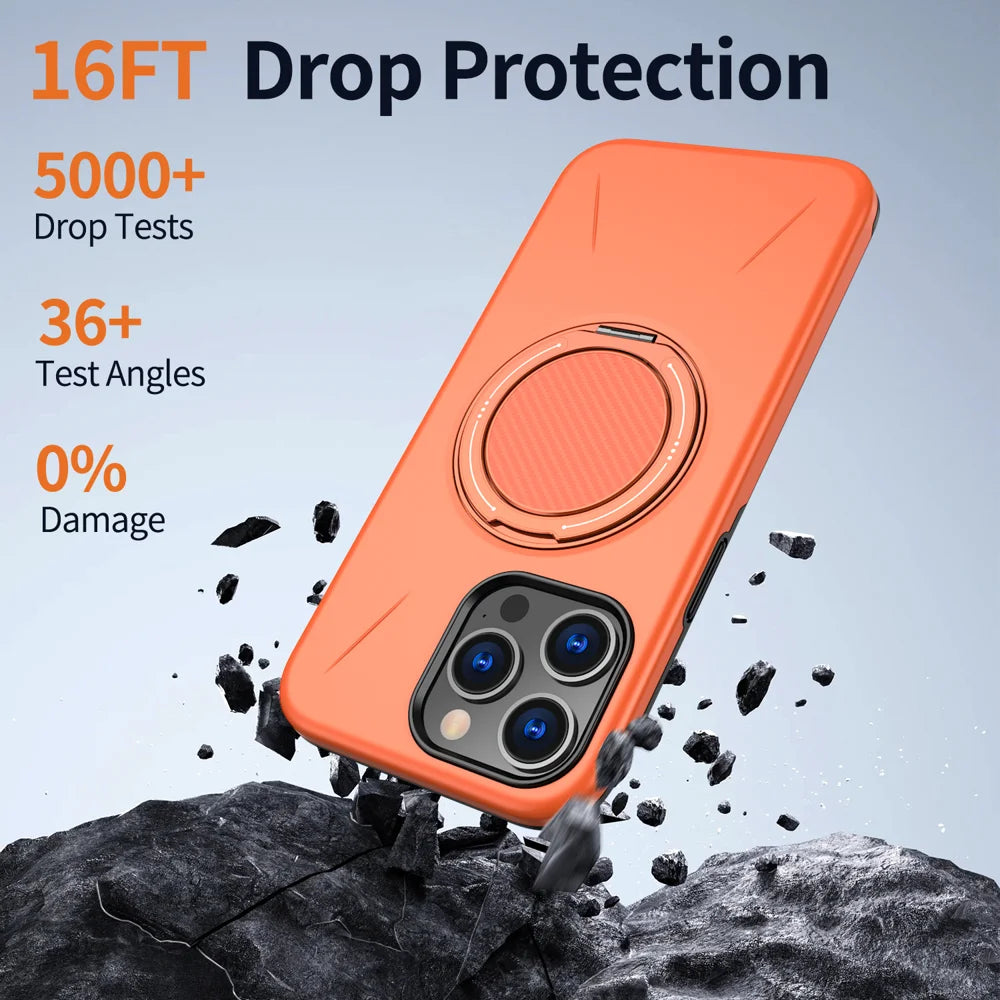 For iPhone 15 Pro Max Magnetic Case Rotating Kickstand TPU + PC Phone Cover - Orange - 4