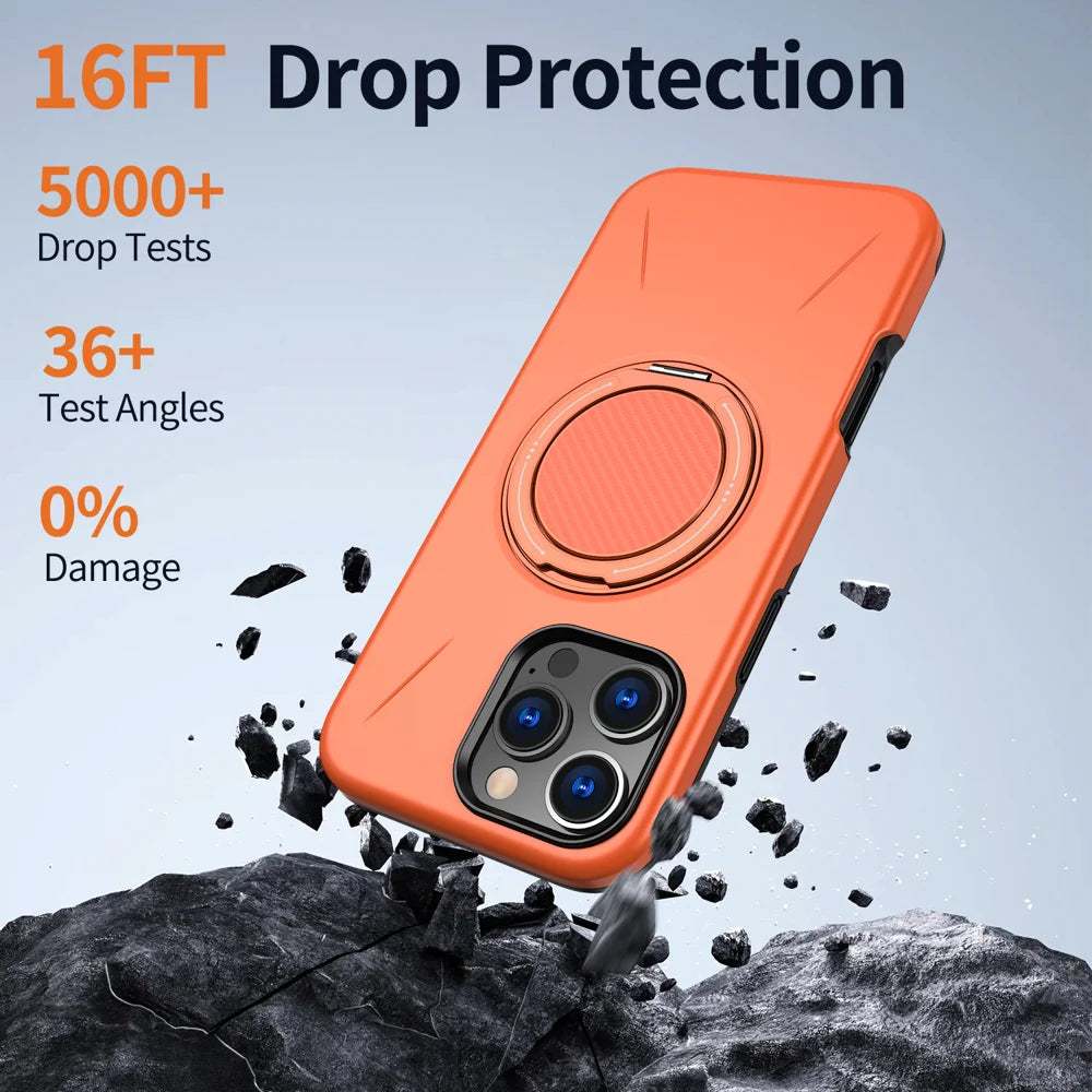 For iPhone 16 Pro Max Magnetic Case Rotating Kickstand TPU + PC Phone Cover - Orange - 4