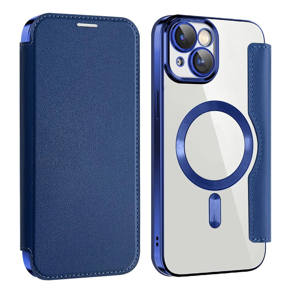AMORUS For iPhone 13 Case Compatible with MagSafe RFID Blocking Card Holder Leather Phone Cover - Sapphire - 1