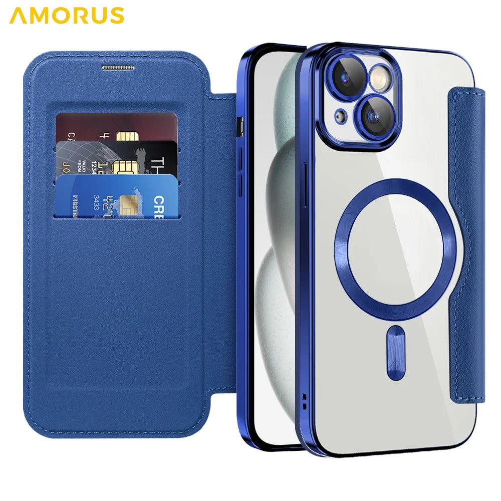 AMORUS For iPhone 13 Case Compatible with MagSafe RFID Blocking Card Holder Leather Phone Cover - Sapphire - 2