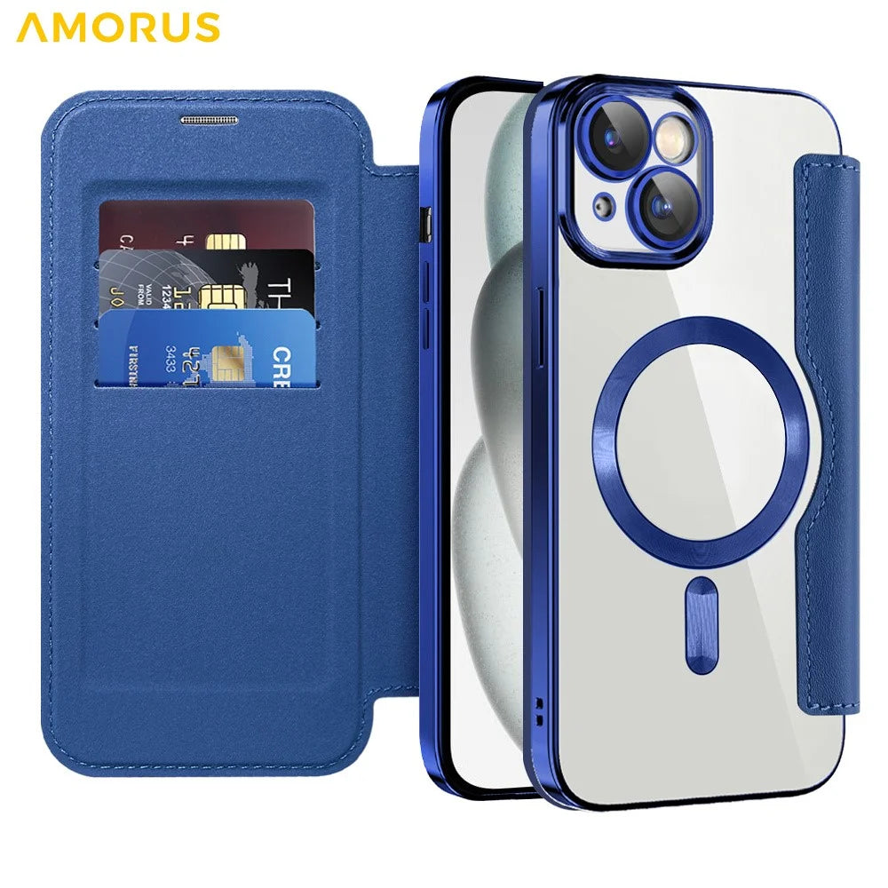 AMORUS For iPhone 14 Case Compatible with MagSafe RFID Blocking Card Holder Leather Phone Cover - Sapphire - 2
