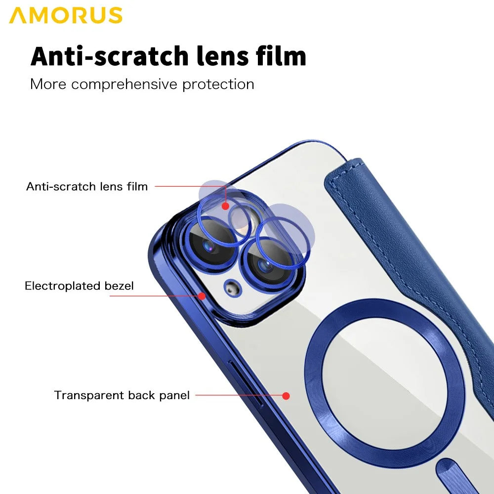AMORUS For iPhone 14 Case Compatible with MagSafe RFID Blocking Card Holder Leather Phone Cover - Sapphire - 6