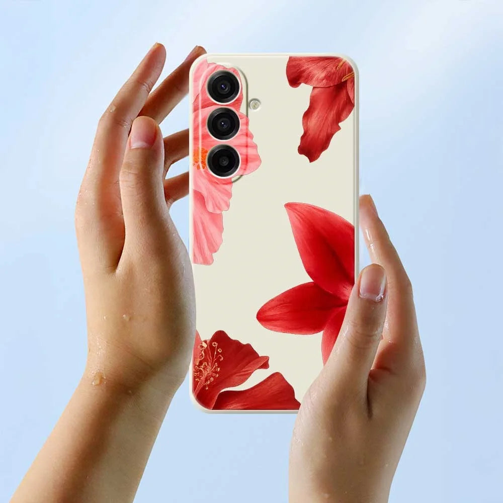 For Samsung Galaxy A18 5G / A18 4G / A17 5G / A17 4G Case Red Flower Pattern Printing Straight Edge TPU Phone Back Cover - Beige - 6
