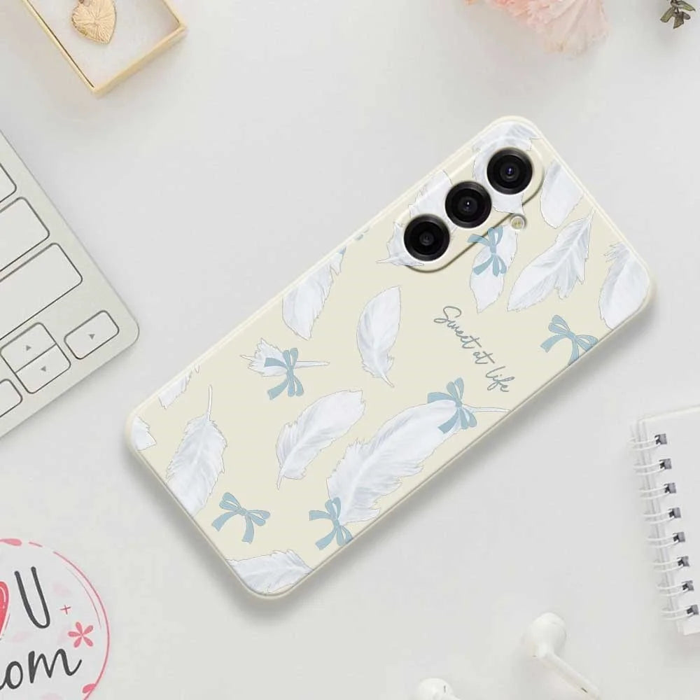 For Samsung Galaxy A18 5G / A18 4G / A17 5G / A17 4G Case White Feathers Pattern Printing Straight Edge TPU Phone Back Cover - Beige - 7