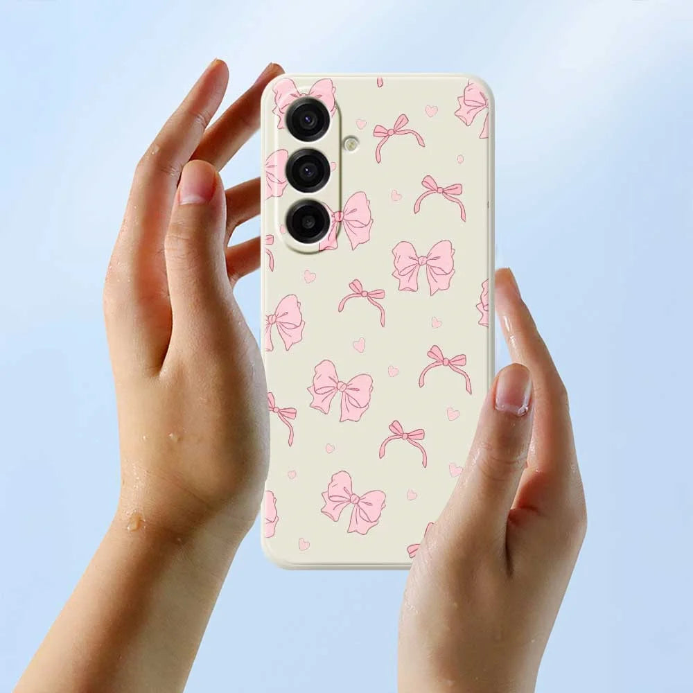 For Samsung Galaxy A18 5G / A18 4G / A17 5G / A17 4G Case Pink Bow Love Pattern Printing Straight Edge TPU Phone Back Cover - Beige - 6