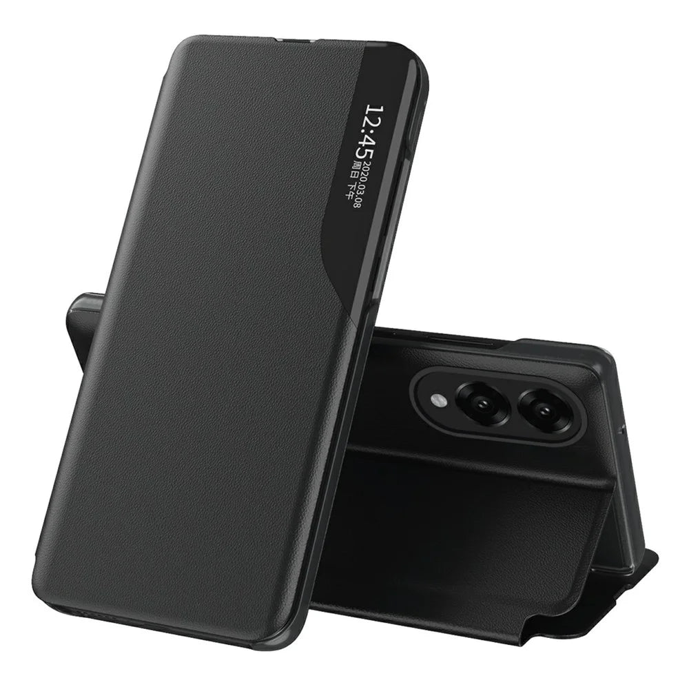 AMORUS For Samsung Galaxy S25 Edge Case View Window Stand PU Leather Phone Cover - Black - 1