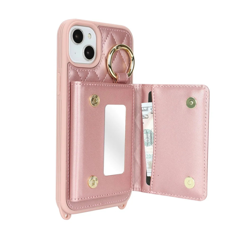For iPhone 15 Plus / 14 Plus Case with Lanyard  /  Mirror  /  Card Holder Grids Pattern RFID Blocking Phone Cover - Rose Gold - 4