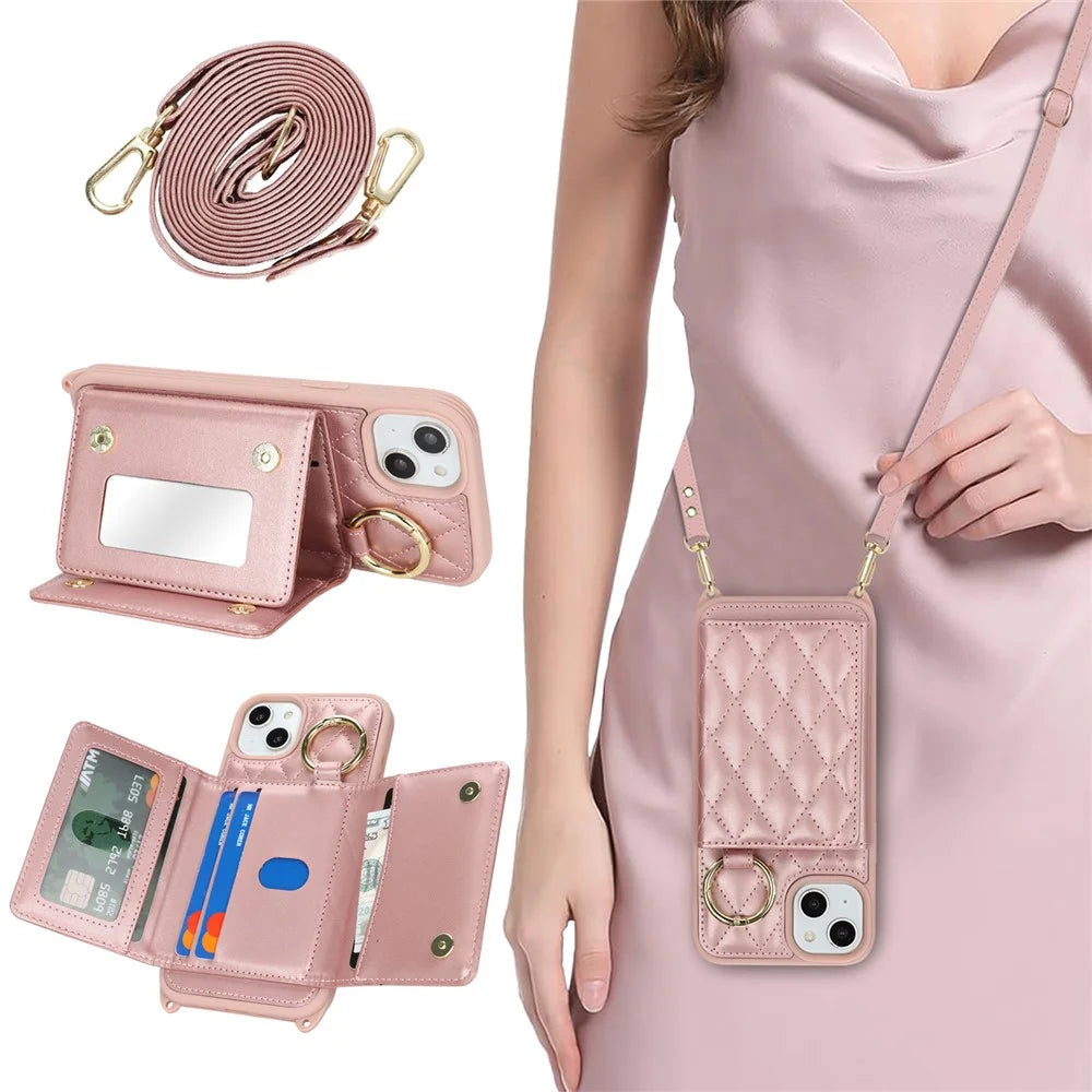 For iPhone 15 Plus / 14 Plus Case with Lanyard  /  Mirror  /  Card Holder Grids Pattern RFID Blocking Phone Cover - Rose Gold - 5