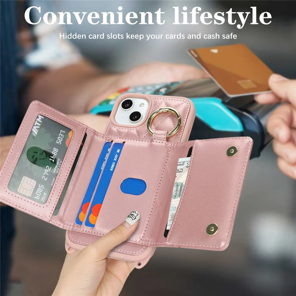 For iPhone 15 Plus / 14 Plus Case with Lanyard  /  Mirror  /  Card Holder Grids Pattern RFID Blocking Phone Cover - Rose Gold - 7