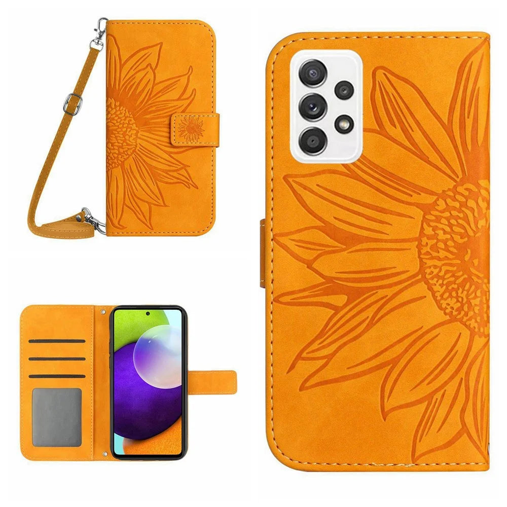 For Samsung Galaxy A72 4G / 5G HT04 Sunflower Imprinted PU Leather Stand Smartphone Case Skin-touch Full Protection Phone Wallet Cover with Shoulder Strap - Yellow - 1
