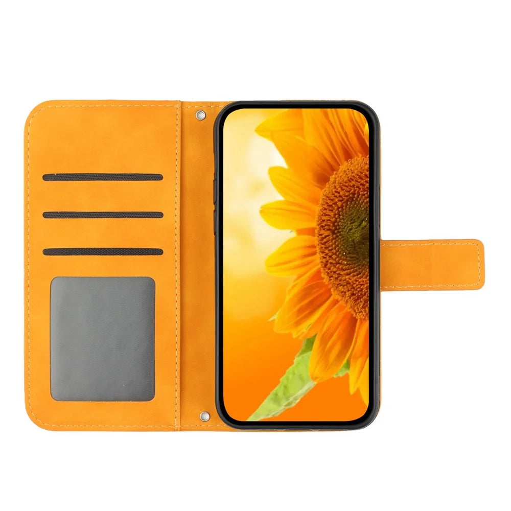 For Samsung Galaxy A72 4G / 5G HT04 Sunflower Imprinted PU Leather Stand Smartphone Case Skin-touch Full Protection Phone Wallet Cover with Shoulder Strap - Yellow - 2