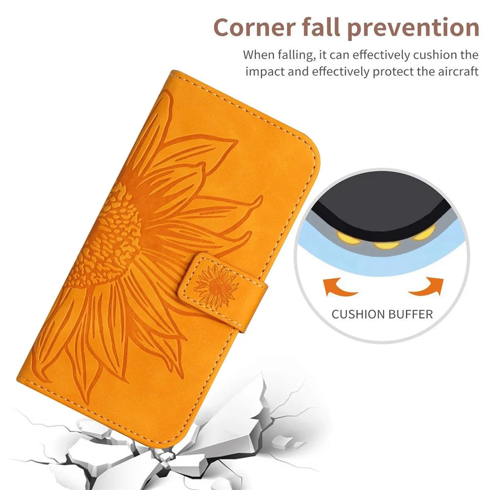 For Samsung Galaxy A72 4G / 5G HT04 Sunflower Imprinted PU Leather Stand Smartphone Case Skin-touch Full Protection Phone Wallet Cover with Shoulder Strap - Yellow - 5