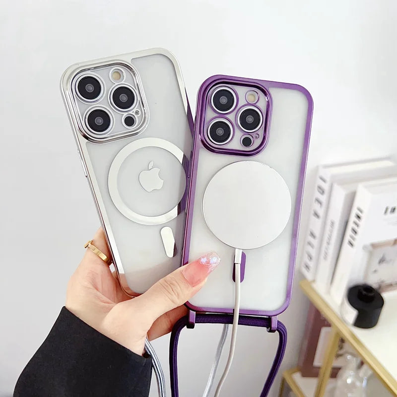 For iPhone 16 Pro Max Case Compatible with MagSafe Electroplating Edge TPU Phone Cover with Shoulder Strap - Purple - 3