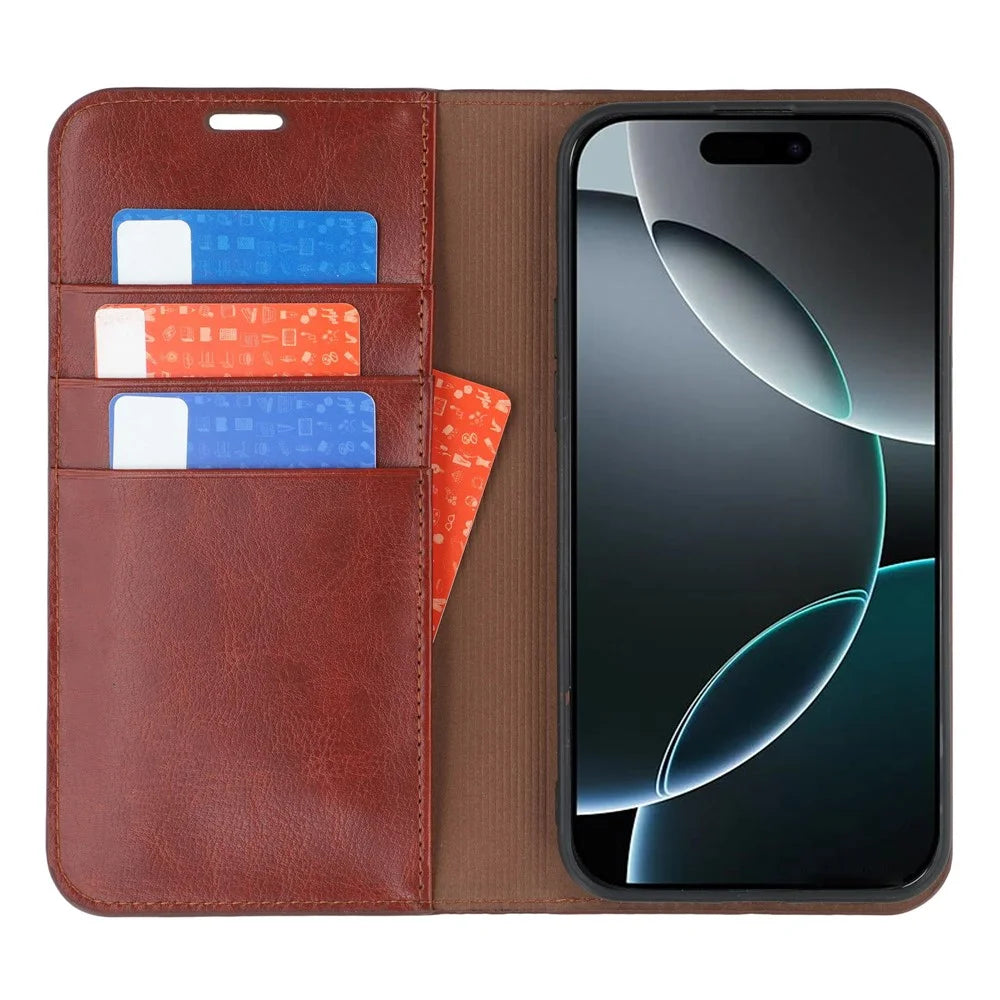 For iPhone 16 Pro Stand Cases Genuine Split Leather Wallet Phone Cover Magnetic Closure - Brown - 2