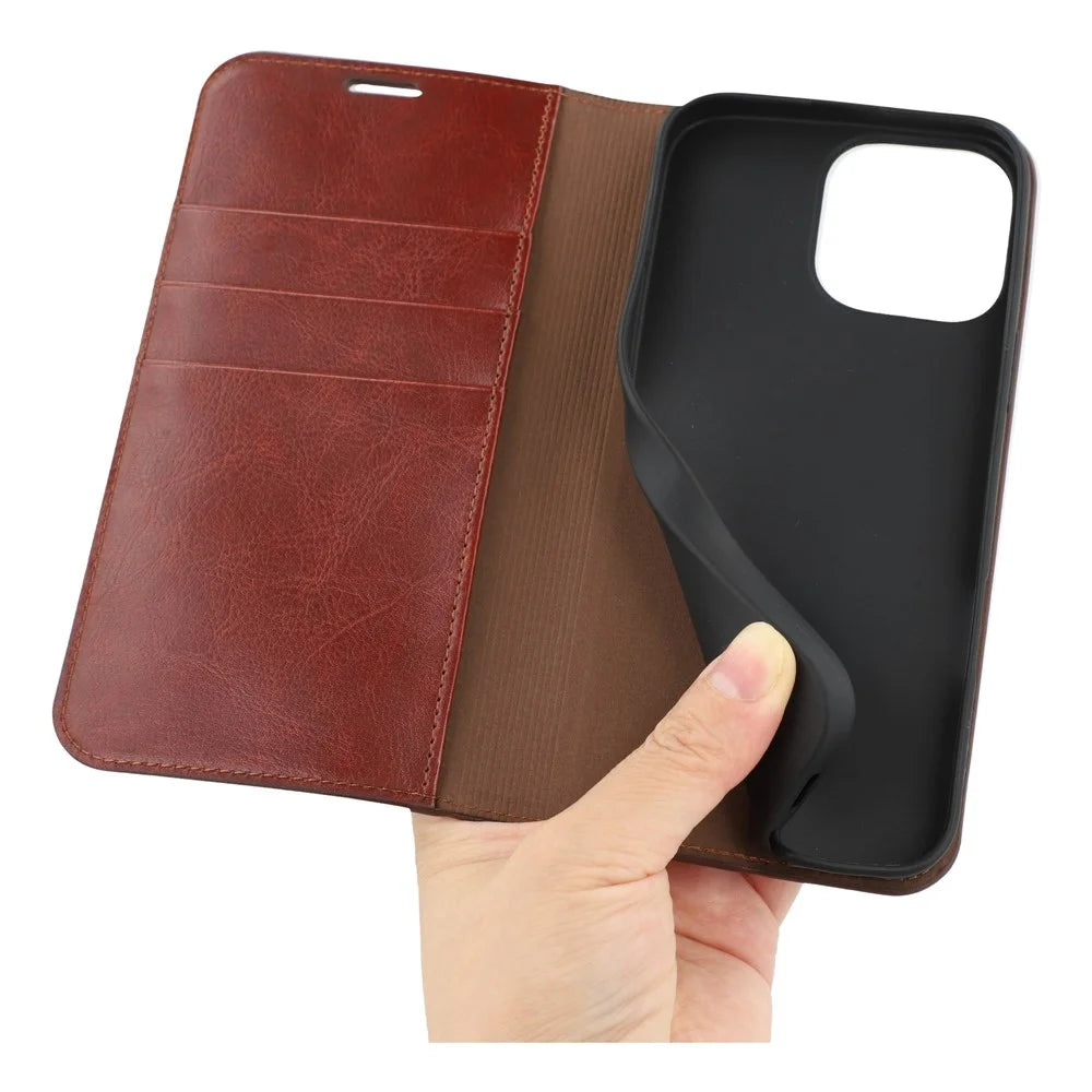 For iPhone 13 Pro Stand Cases Genuine Split Leather Wallet Phone Cover Magnetic Closure - Brown - 4