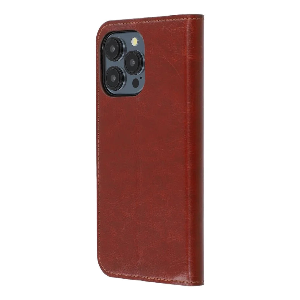 For iPhone 13 Pro Stand Cases Genuine Split Leather Wallet Phone Cover Magnetic Closure - Brown - 6