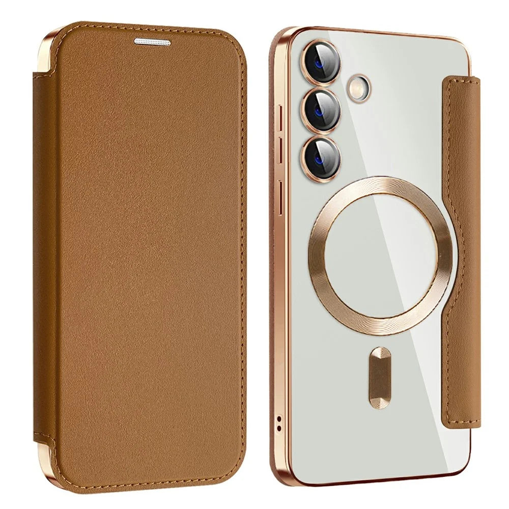 AMORUS For Samsung Galaxy S24+ Magnetic Case RFID Blocking Card Holder Leather Phone Cover - Brown - 1