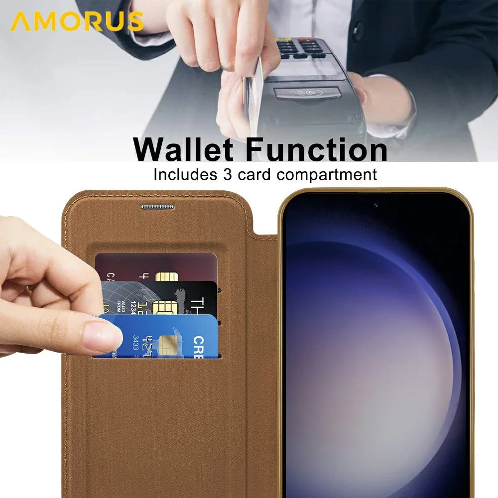 AMORUS For Samsung Galaxy S24+ Magnetic Case RFID Blocking Card Holder Leather Phone Cover - Brown - 3