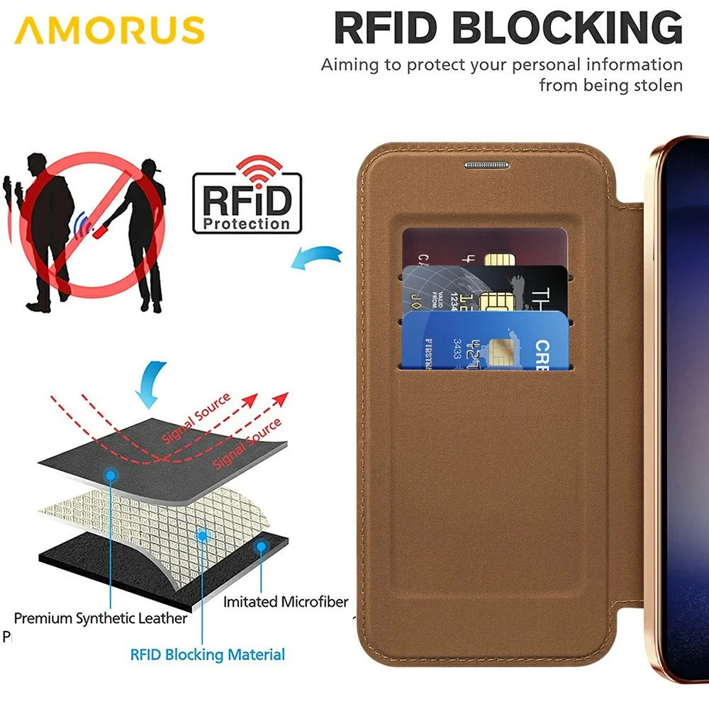 AMORUS For Samsung Galaxy S24+ Magnetic Case RFID Blocking Card Holder Leather Phone Cover - Brown - 5