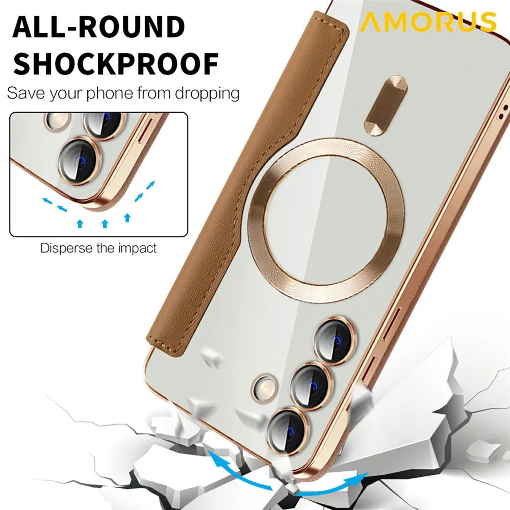 AMORUS For Samsung Galaxy S24+ Magnetic Case RFID Blocking Card Holder Leather Phone Cover - Brown - 6