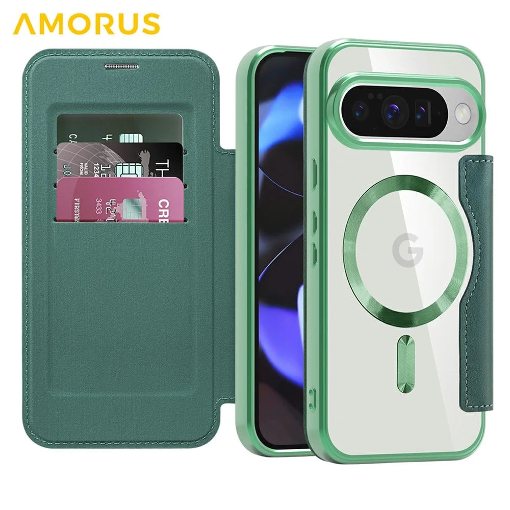 AMORUS For Google Pixel 10 / Pixel 10 Pro Magnetic Case RFID Blocking Card Holder Leather Phone Cover - Desert Gold - Blackish Green - 2