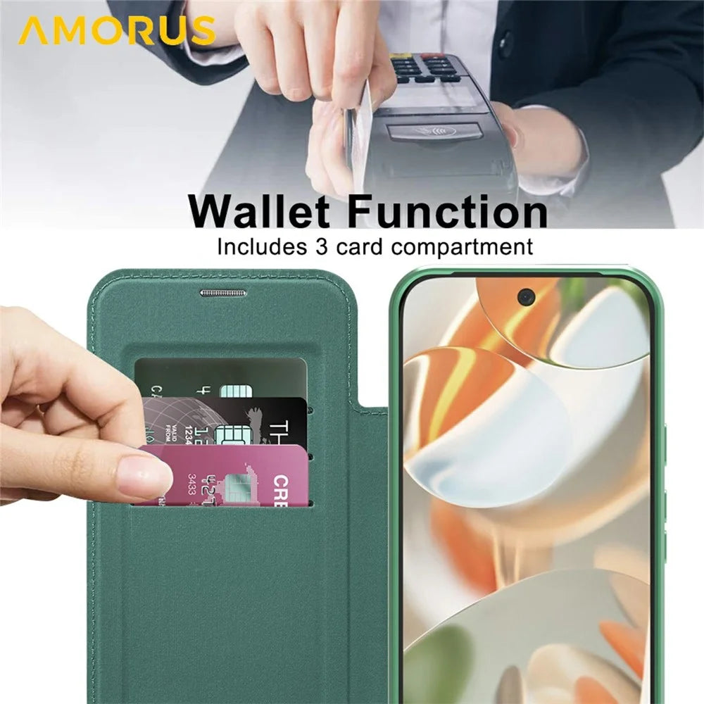 AMORUS For Google Pixel 10 Pro XL Magnetic Case RFID Blocking Card Holder Leather Phone Cover - Blackish Green - 3