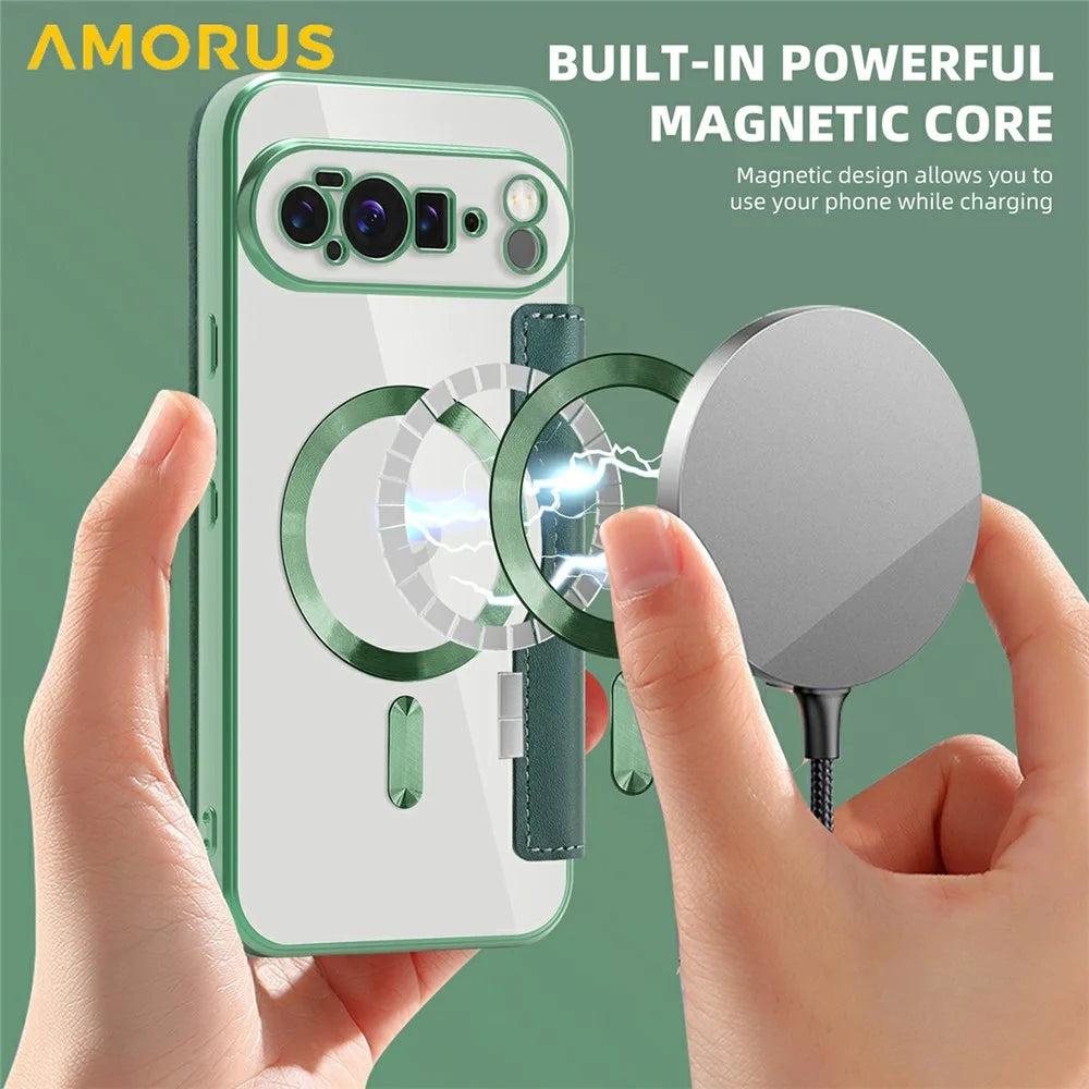AMORUS For Google Pixel 10 Pro XL Magnetic Case RFID Blocking Card Holder Leather Phone Cover - Blackish Green - 4