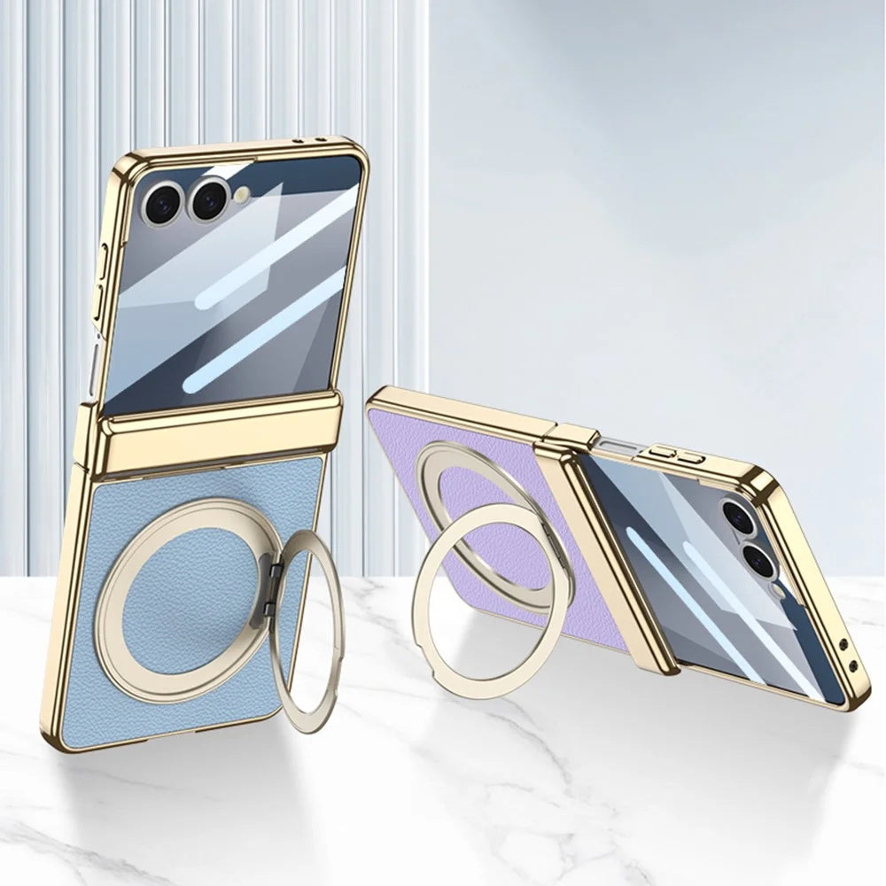 GKK For Samsung Galaxy Z Flip7 5G Case Kickstand Magnetic Hinge Protection PU PC Tempered Glass Phone Cover - Blue - 3