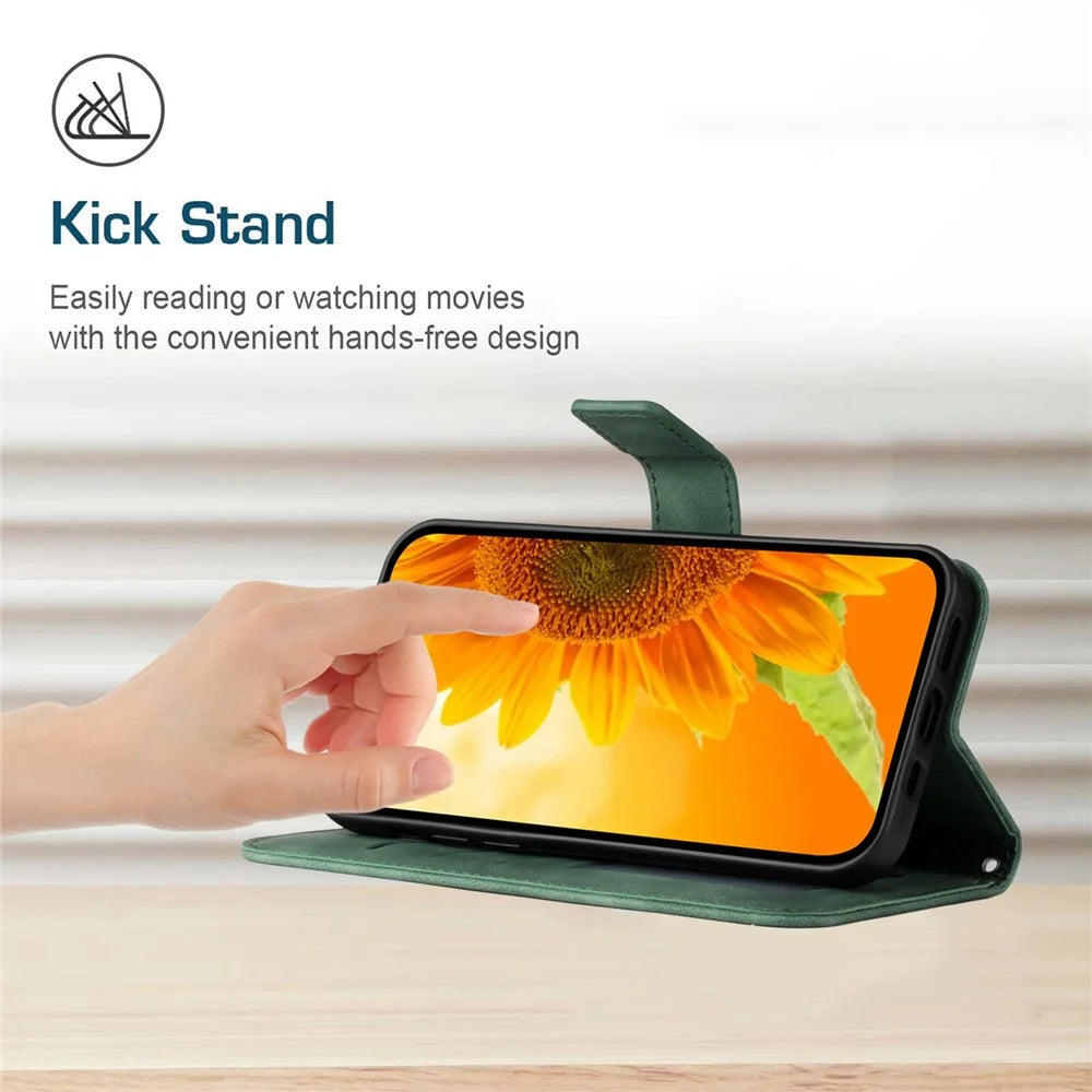 Skin-friendly Phone Case For Samsung Galaxy S21 Ultra 5G, HT04 Imprinted Sunflower PU Leather Flip Wallet Stand Cover with Shoulder Strap - Dark Green - 3
