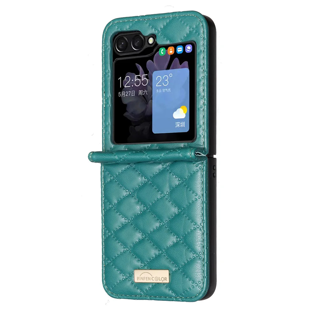 BINFEN COLOR For Samsung Galaxy Z Flip7 5G Case  Rhombus PU Leather Folding Phone Cover - Green - 3