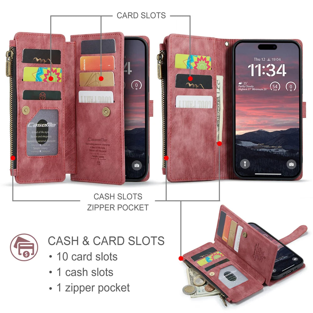 CASEME For iPhone Air Phone Cases with Strap  C30 Zipper Multiple Card Holder PU Leather Cover - Red - 3