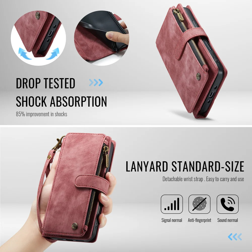 CASEME For iPhone Air Phone Cases with Strap  C30 Zipper Multiple Card Holder PU Leather Cover - Red - 6