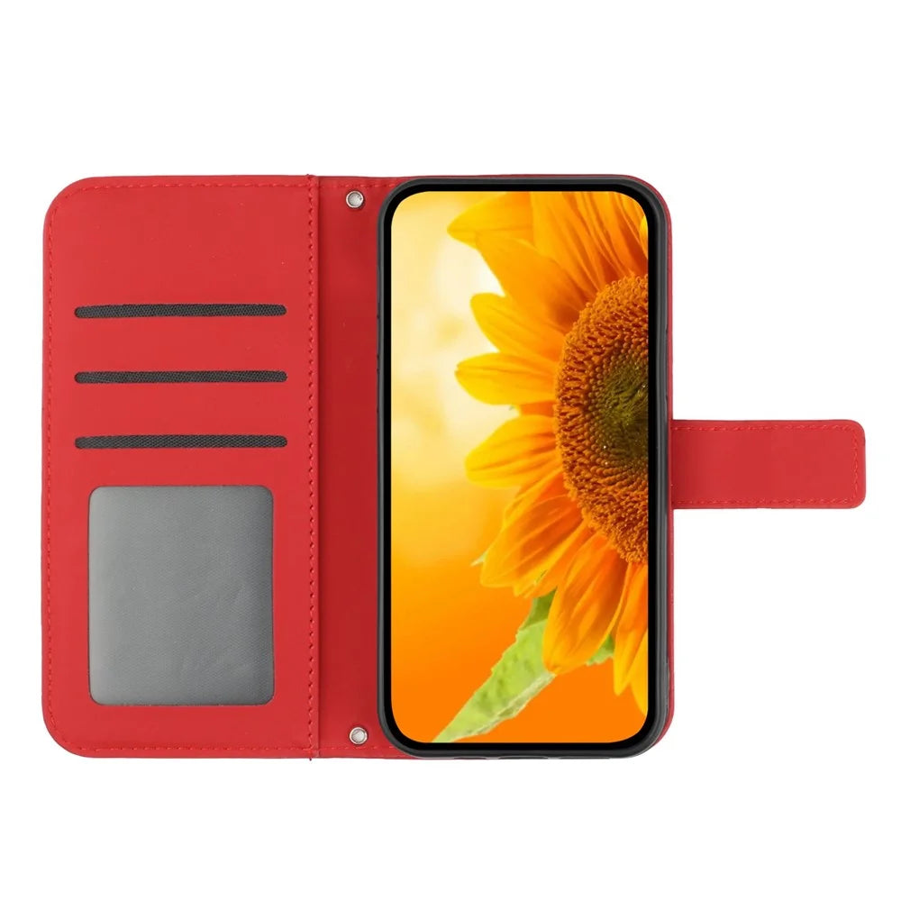 Anti-scratch Phone Cover For Sony Xperia 5 IV 5G, HT04 Imprinted Sunflower PU Leather Wallet Stand Skin-touch Phone Case with Shoulder Strap - Red - 2