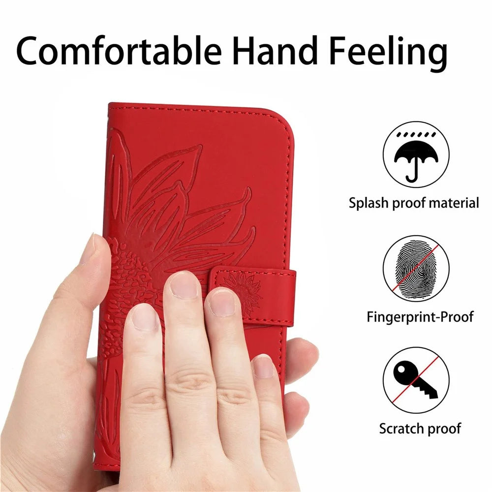 Anti-scratch Phone Cover For Sony Xperia 5 IV 5G, HT04 Imprinted Sunflower PU Leather Wallet Stand Skin-touch Phone Case with Shoulder Strap - Red - 4