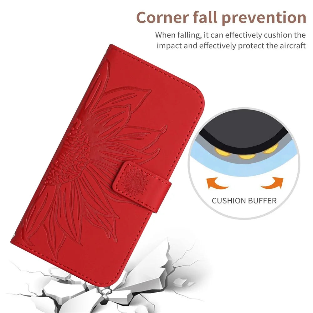 Anti-scratch Phone Cover For Sony Xperia 5 IV 5G, HT04 Imprinted Sunflower PU Leather Wallet Stand Skin-touch Phone Case with Shoulder Strap - Red - 5