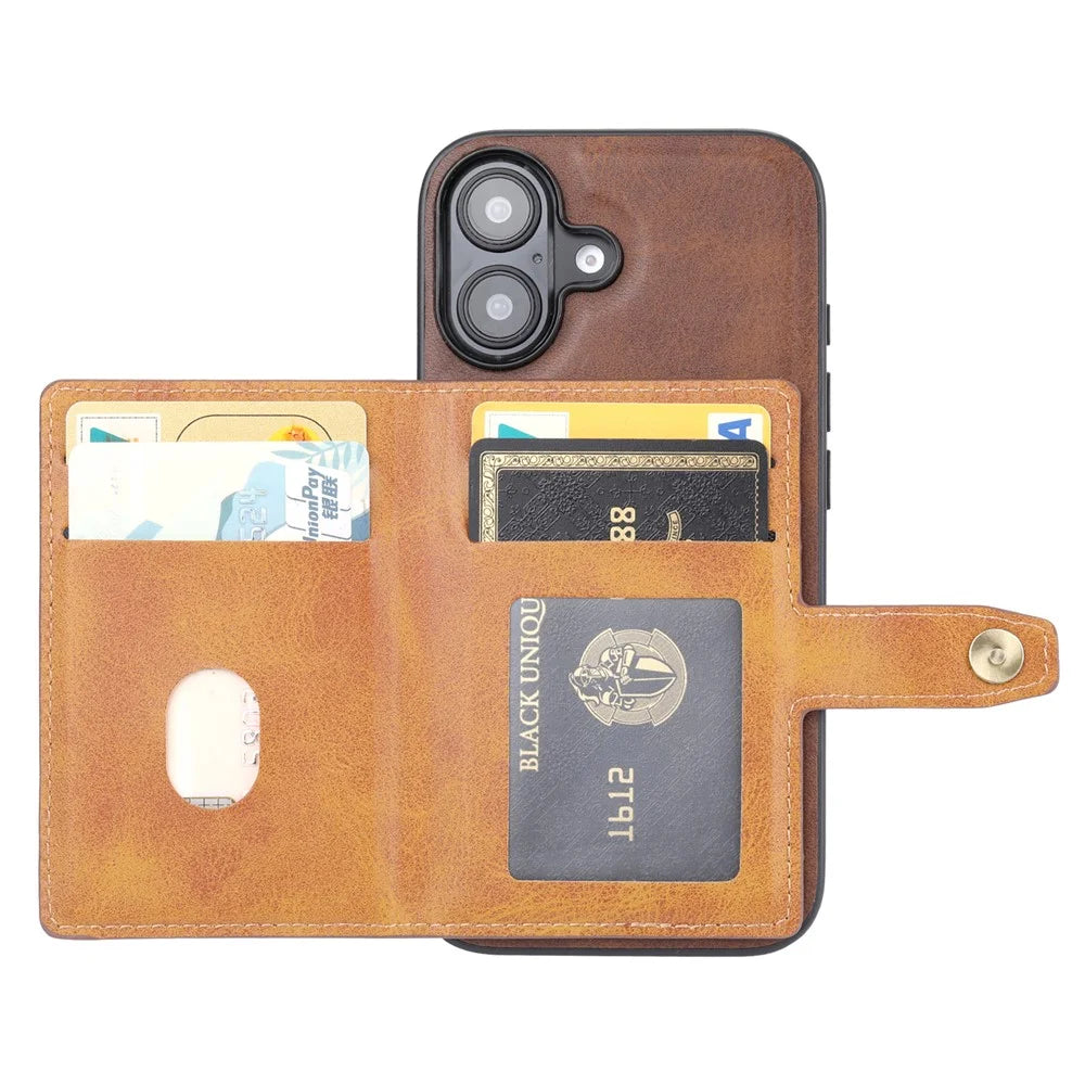 For iPhone 17 Case Calf Texture Card Holder PU Leather + TPU Kicsktand Phone Cover - Brown - 2