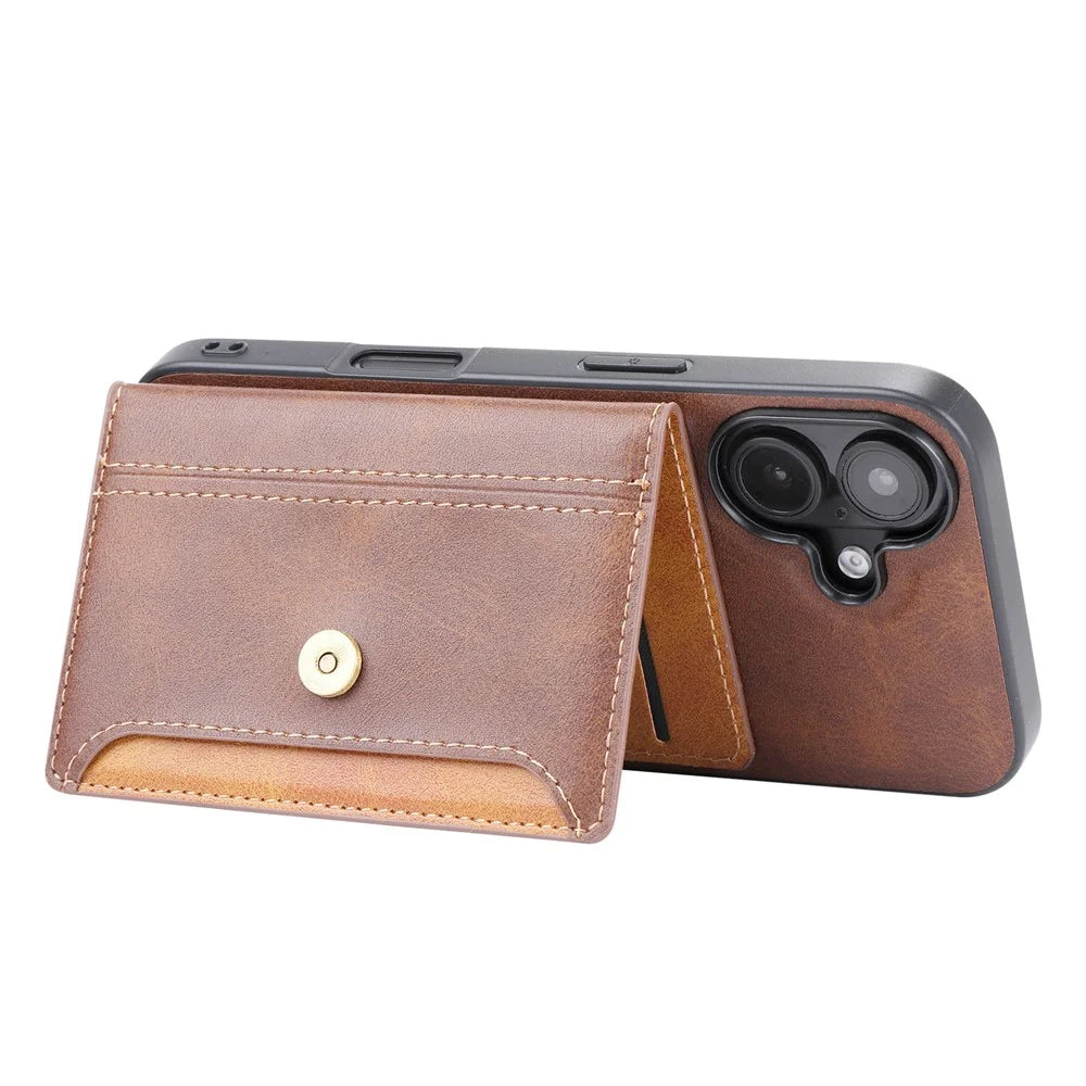 For iPhone 17 Case Calf Texture Card Holder PU Leather + TPU Kicsktand Phone Cover - Brown - 3
