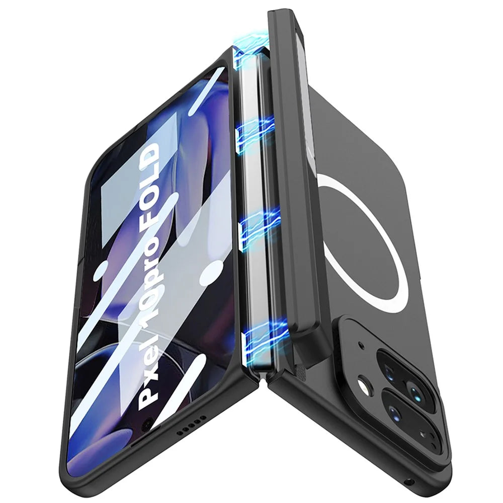GKK For Google Pixel 10 Pro Fold Magnetic Case Hinge Protection PC Kickstand Phone Cover with Tempered Glass Film - Black - 3