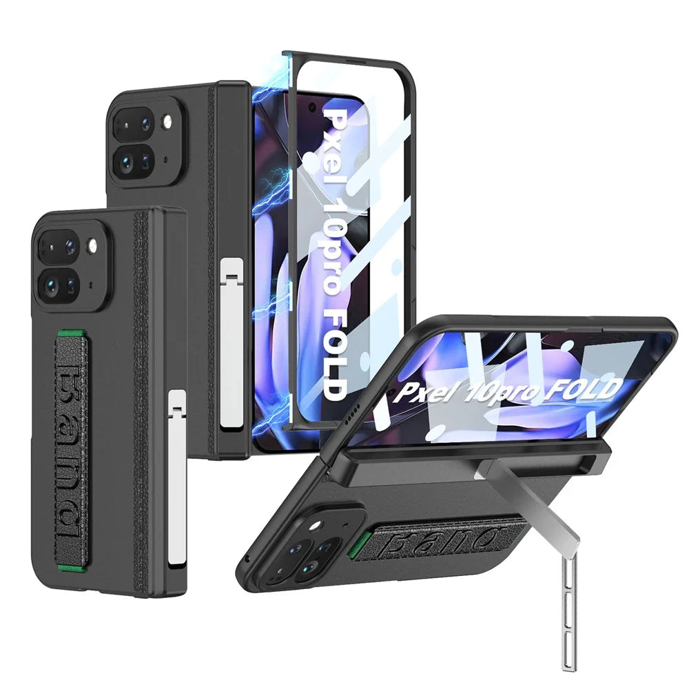 GKK For Google Pixel 10 Pro Fold Case with Hand Strap / Tempered Glass Film Magnetic Hinge Protection PC Phone Shell - Black - 1