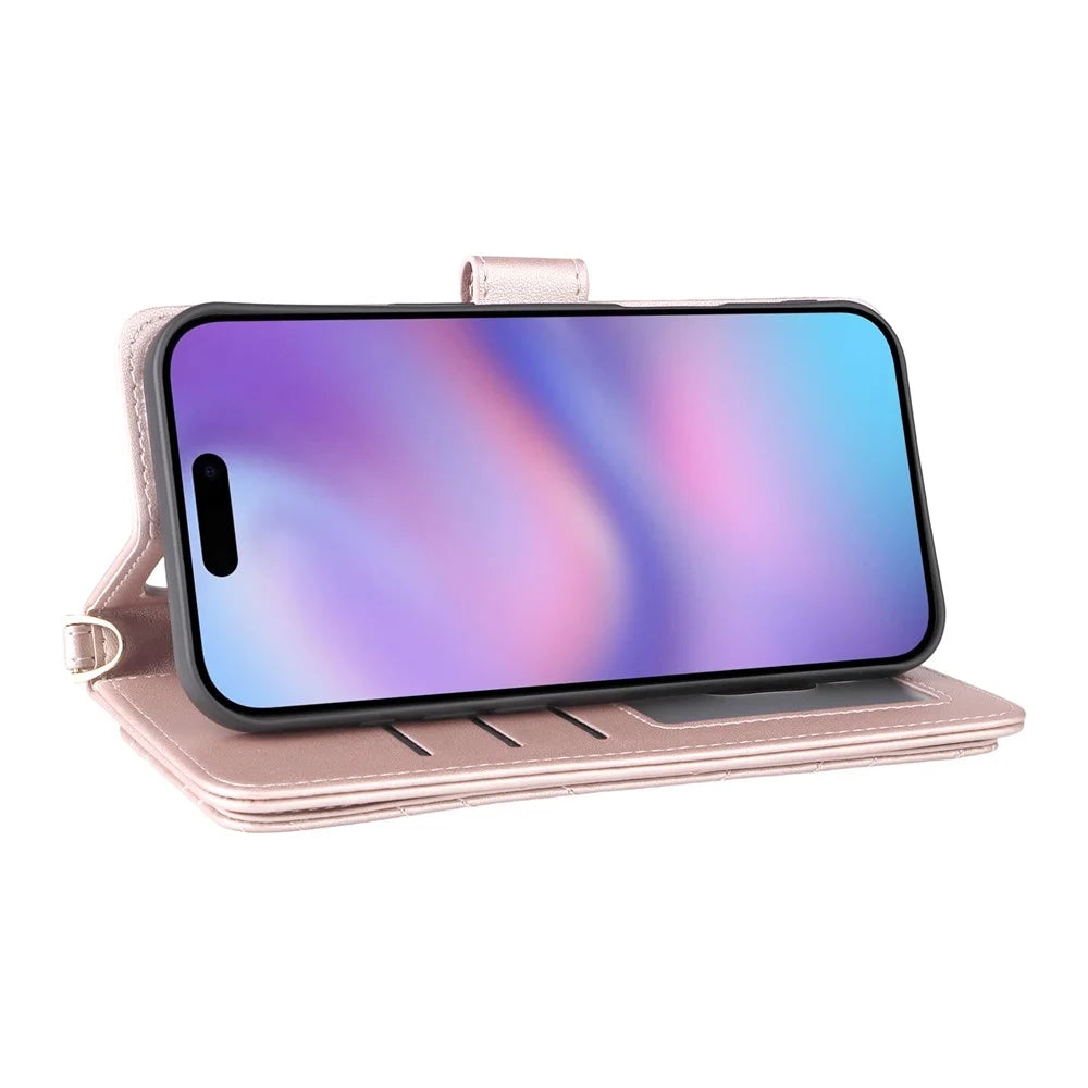 For iPhone Air Case with Shoulder  /  Wrist Strap Leather Phone Cover Stand Wallet - Pink - 5