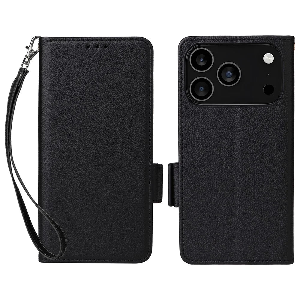For iPhone 18 Pro / 17 Pro Case with Wrist Strap Litchi Texture PU Leather Wallet Phone Cover - Black - 1