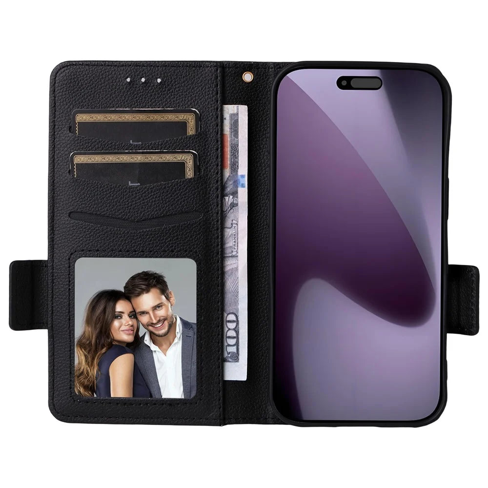 For iPhone 18 Pro / 17 Pro Case with Wrist Strap Litchi Texture PU Leather Wallet Phone Cover - Black - 2