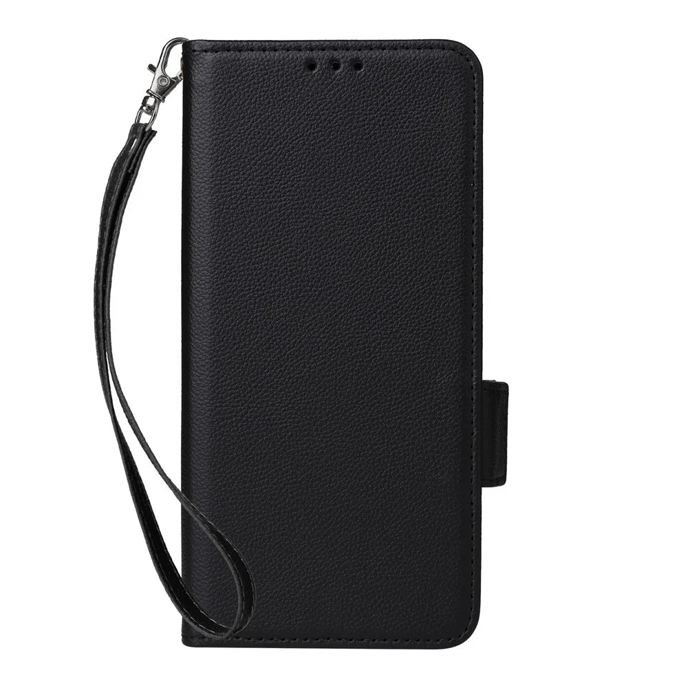 For iPhone 18 Pro / 17 Pro Case with Wrist Strap Litchi Texture PU Leather Wallet Phone Cover - Black - 7