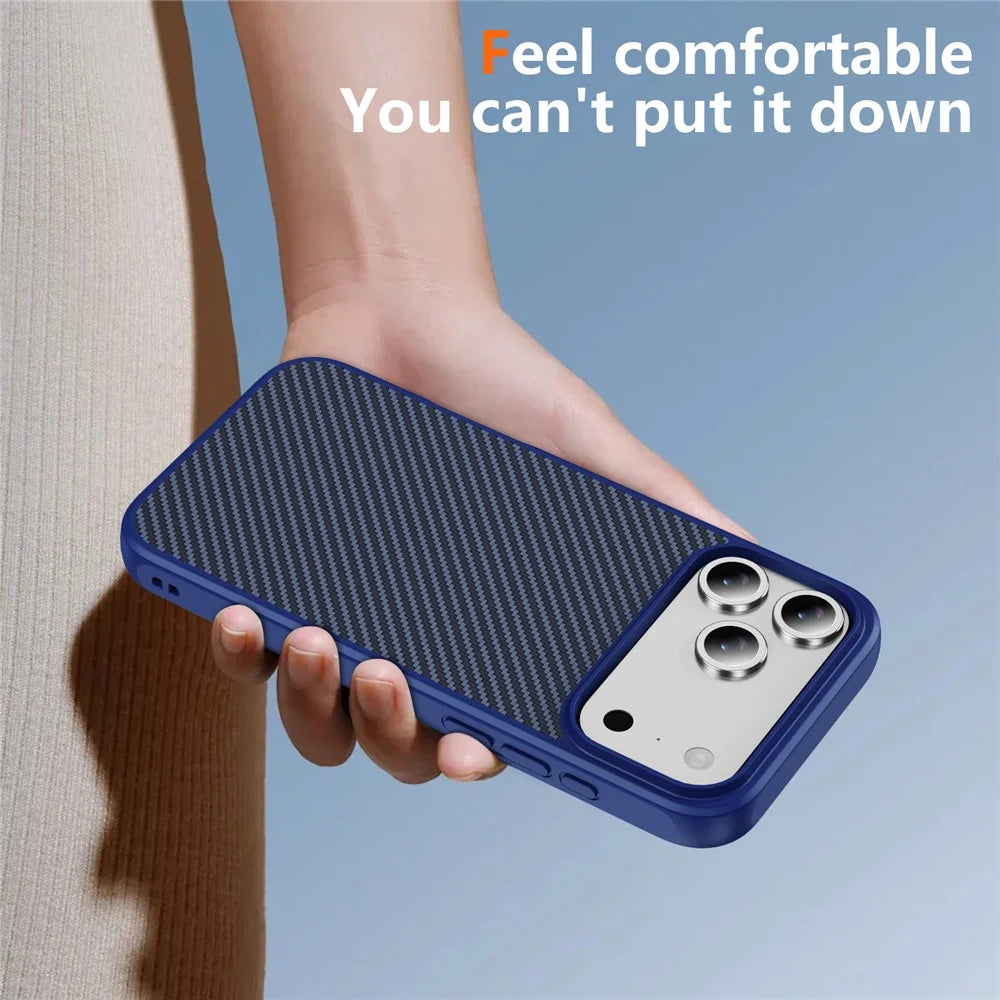 For iPhone 17 Pro Max Case Carbon Fiber Texture PC + TPU Phone Cover Compatible with MagSafe - Blue - 3
