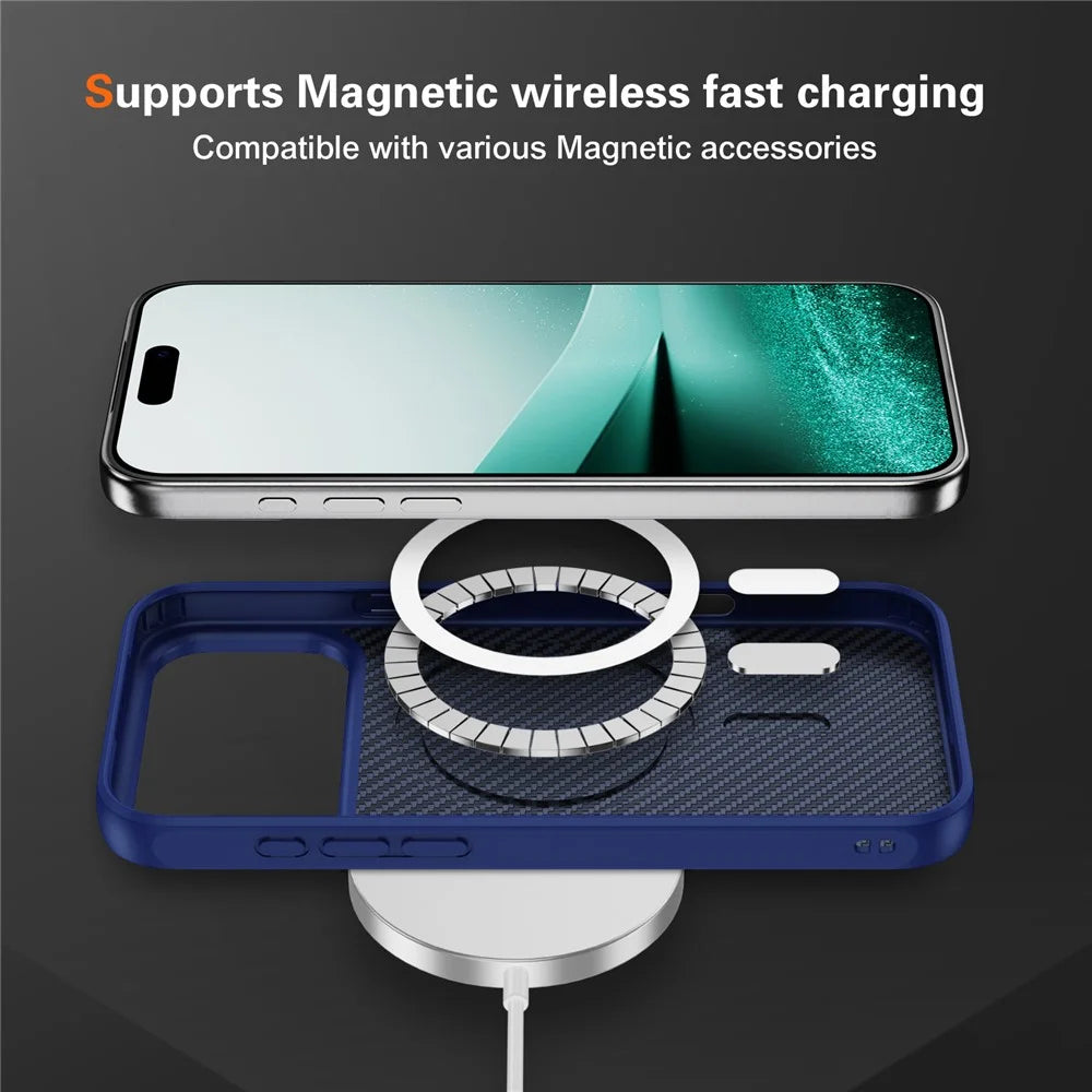 For iPhone 17 Pro Max Case Carbon Fiber Texture PC + TPU Phone Cover Compatible with MagSafe - Blue - 7